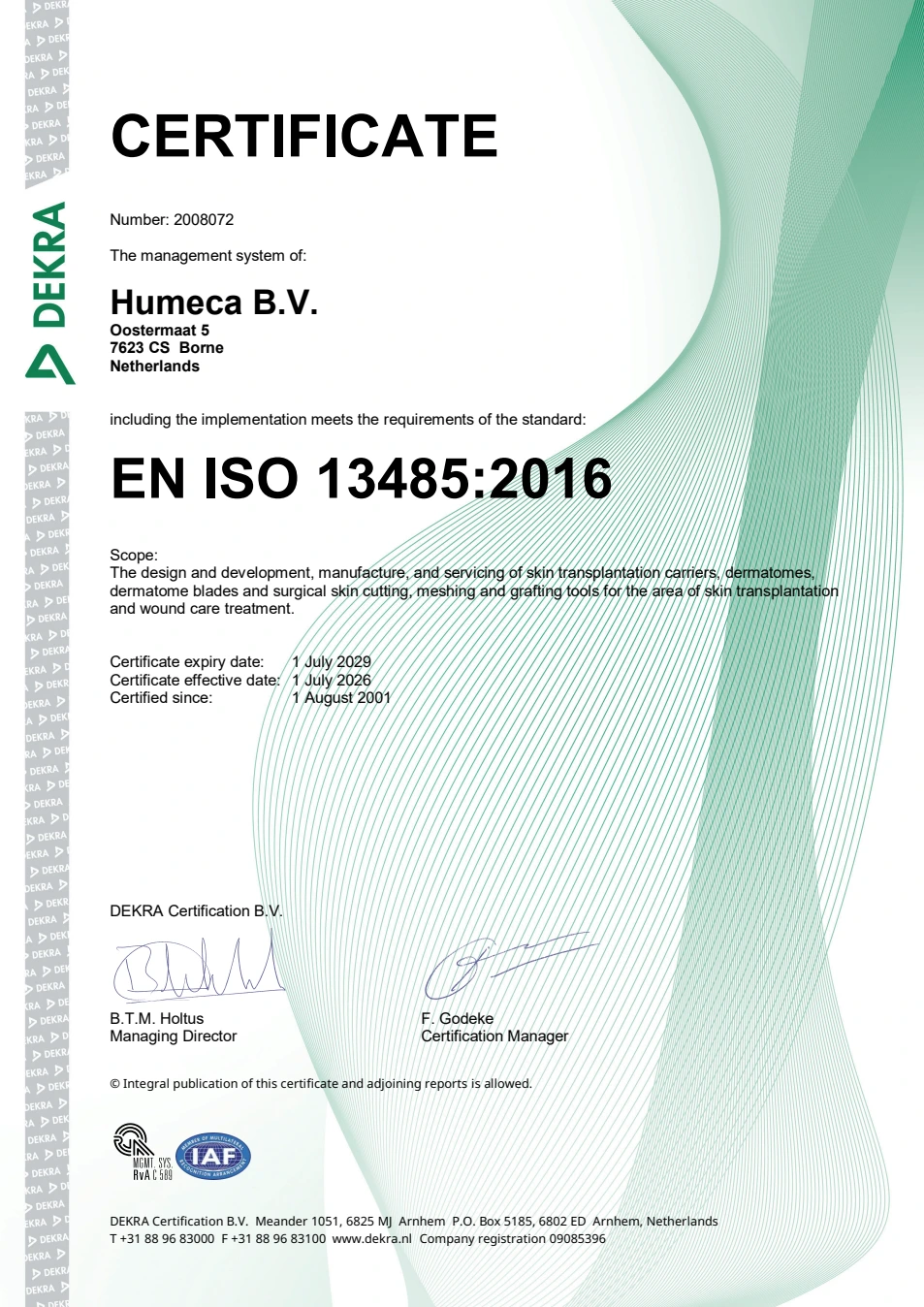 Certificado DEKRA 2008072 da Humeca B.V., EN ISO 13485:2016, válido de julho de 2026 a julho de 2029